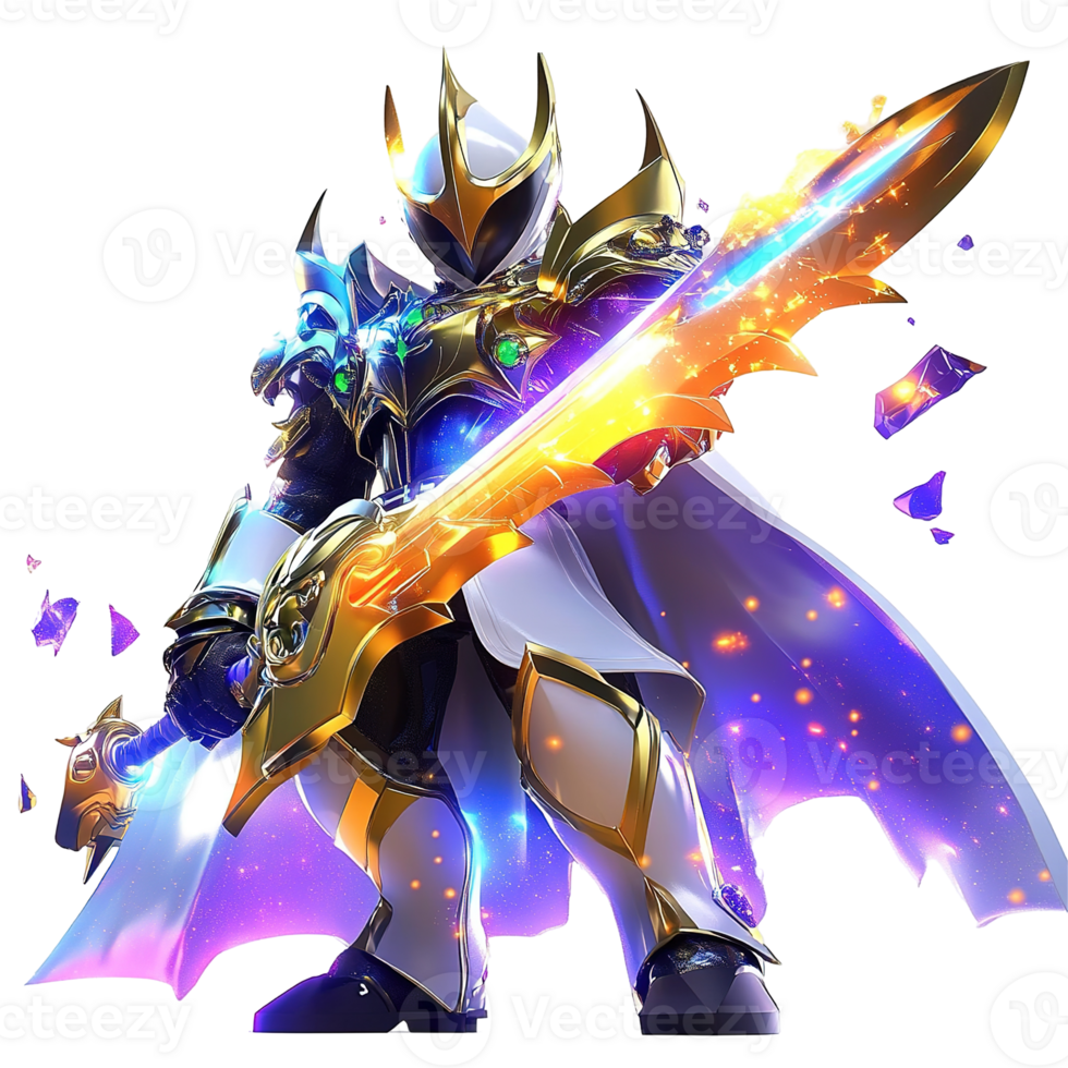 A fully armored warrior stands holding an illuminated golden sword png