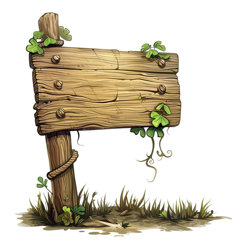 A weathered wooden signpost stands in a grassy overgrown area png