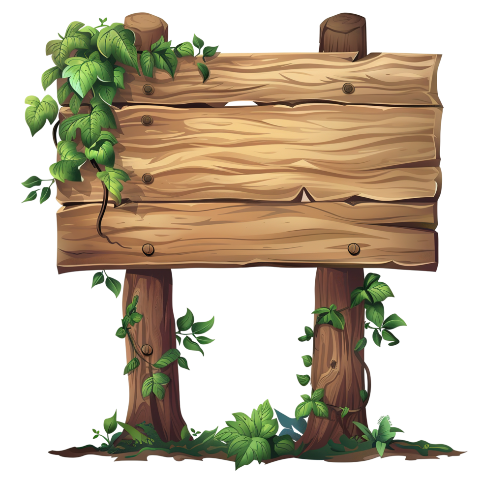 A rustic wooden sign is surrounded by green foliage and trees png