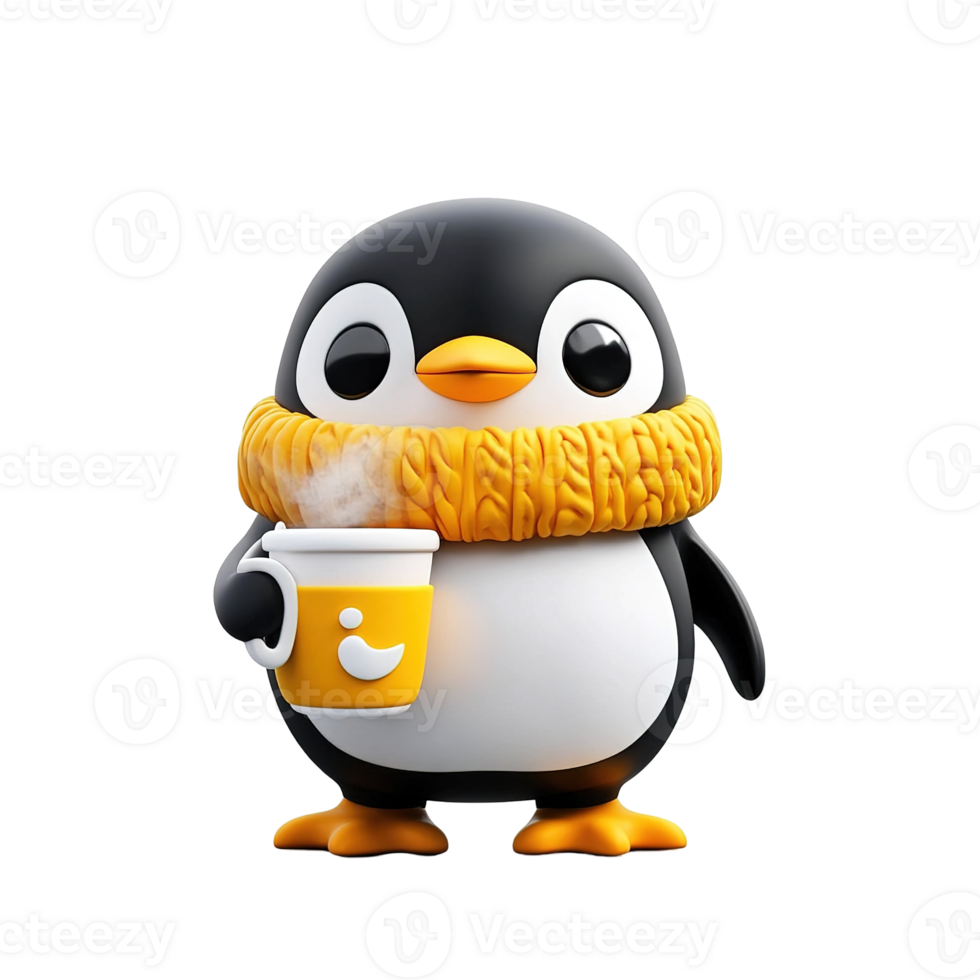 A cute animated penguin wearing a scarf holding a warm drink png