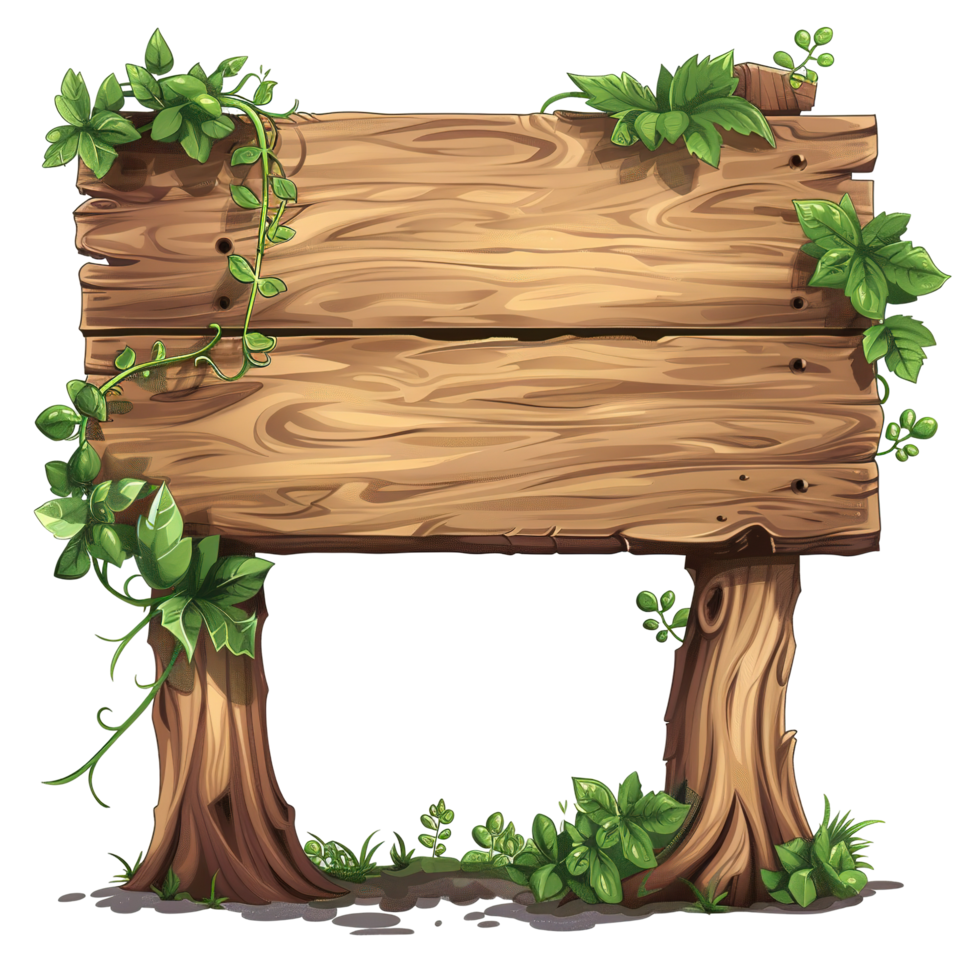 A wooden sign with leaves and tree trunk supports png