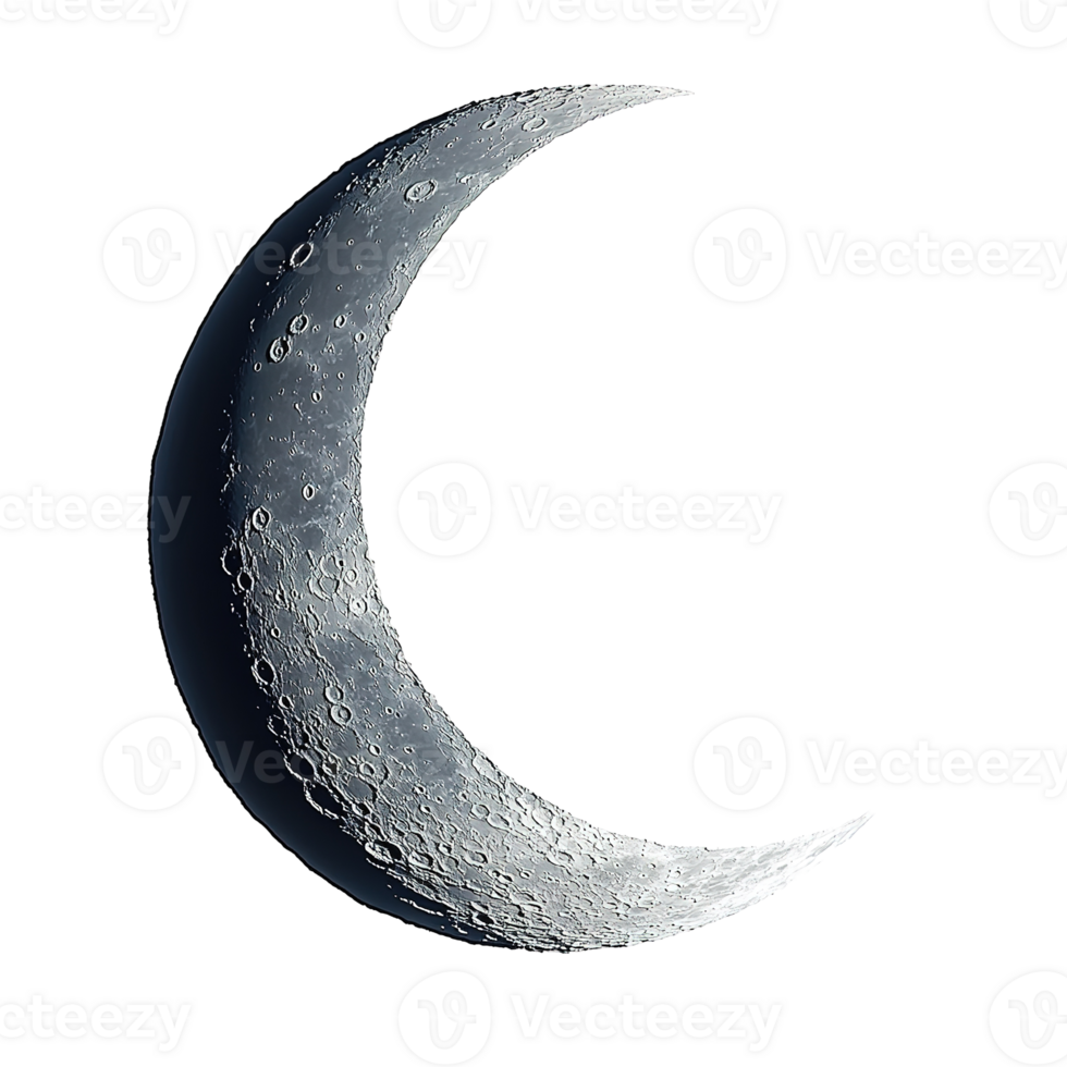 A crescent moon displays a textured surface against the night sky png
