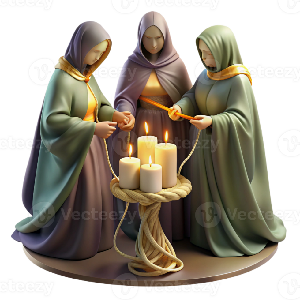 dramatic abstract The Fates weaving the threads of destiny, cloaked in shadows, their faces obscured, golden threads illuminated by a single, flickering candle, Baroque painting style exclusive png