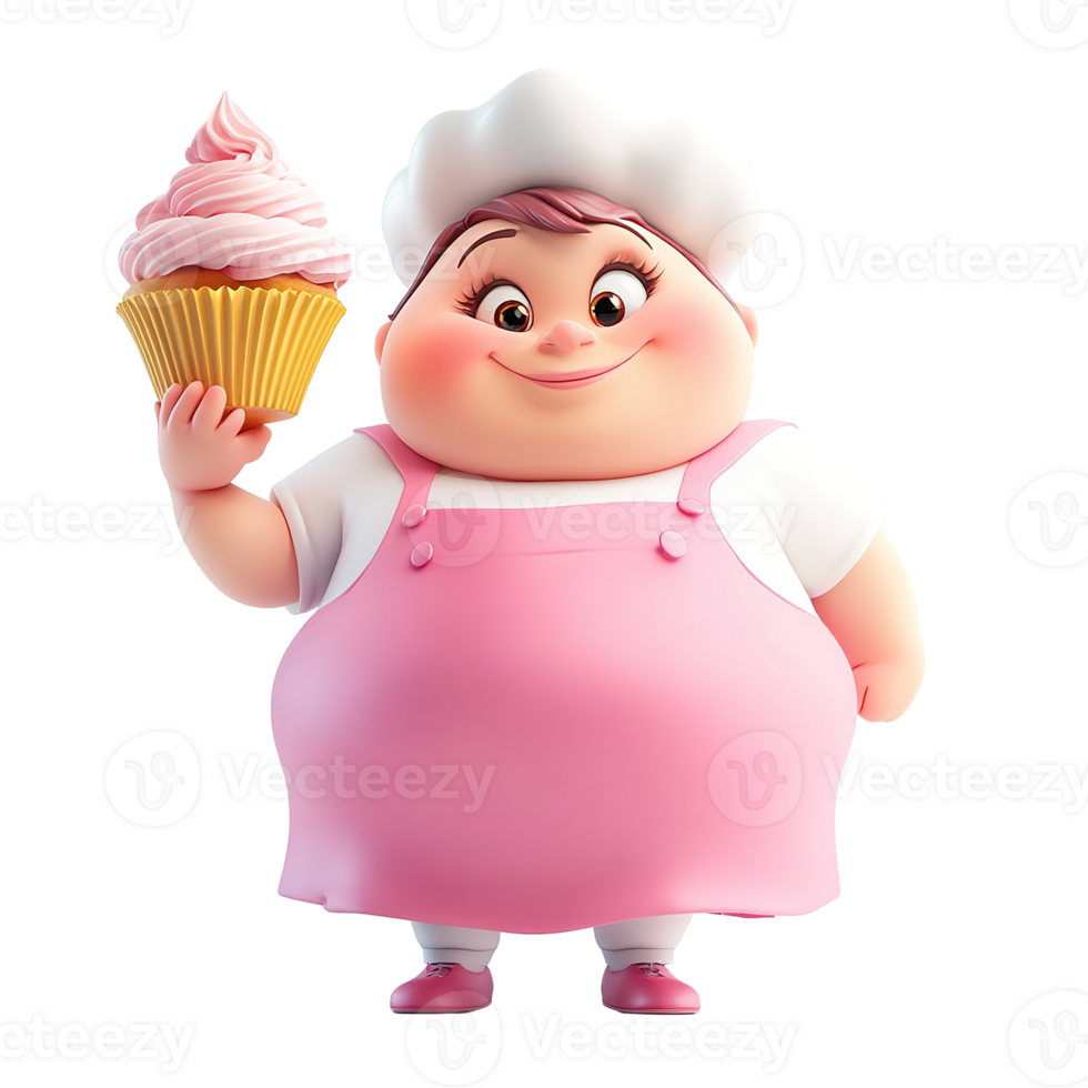 Smiling baker holding a freshly baked cupcake with pink frosting png