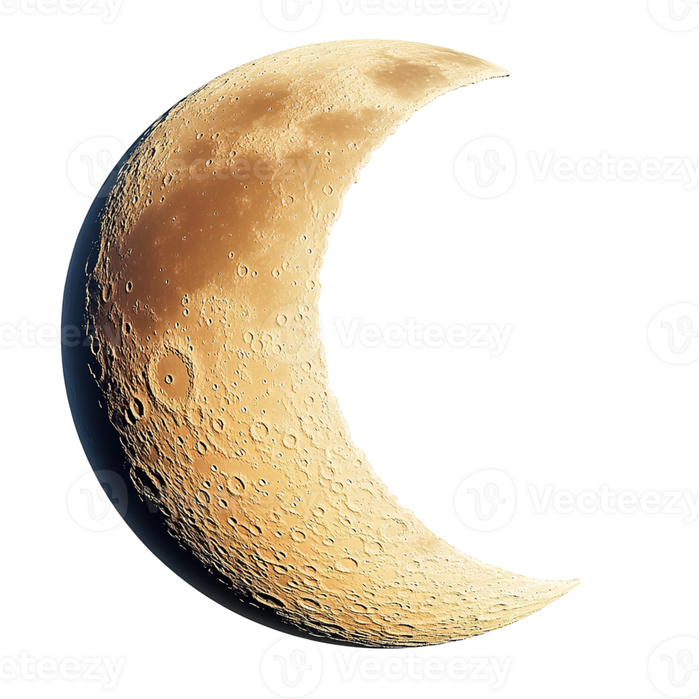 A detailed view of the textured crescent moon in space png