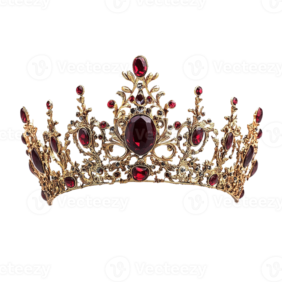 A decorative gold crown embedded with red jewel adornments on display png