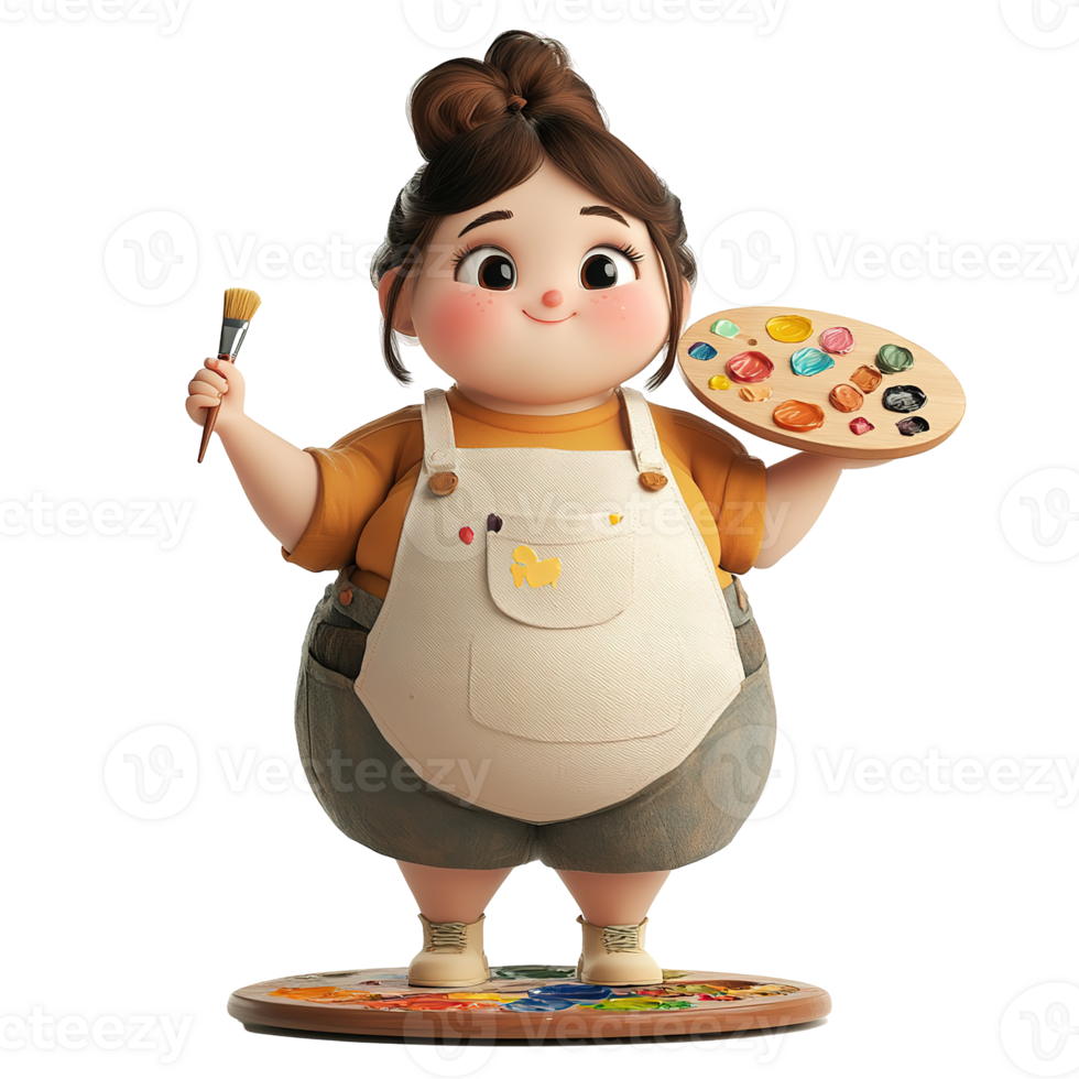 An animated artist holds a brush and colorful paint palette png