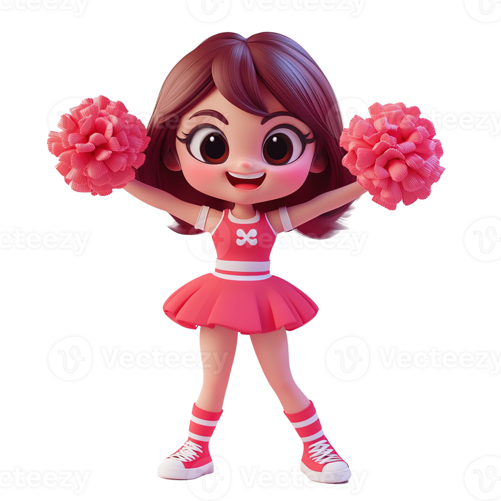 Cartoon cheerleader character holding pink pom poms and smiling brightly png