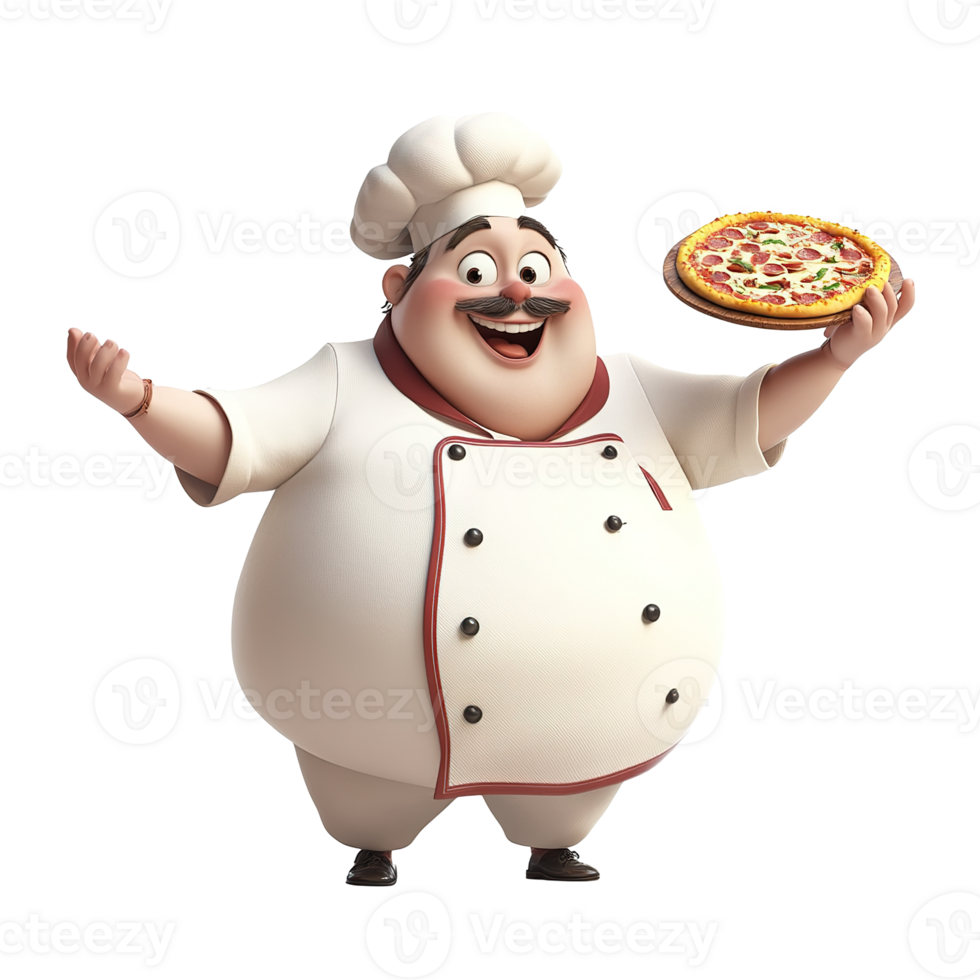 A cheerful chef presents a delicious freshly baked pizza for someone png