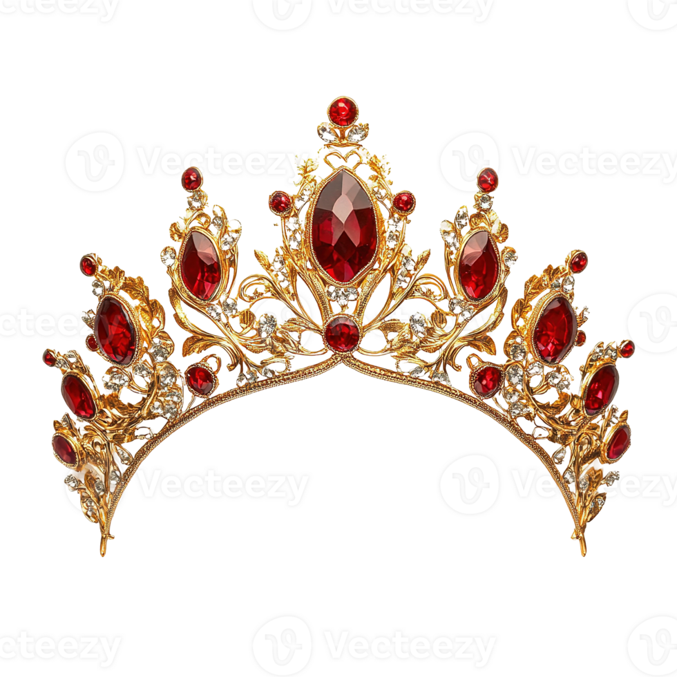 A golden crown adorned with red gemstones and sparkling jewels png