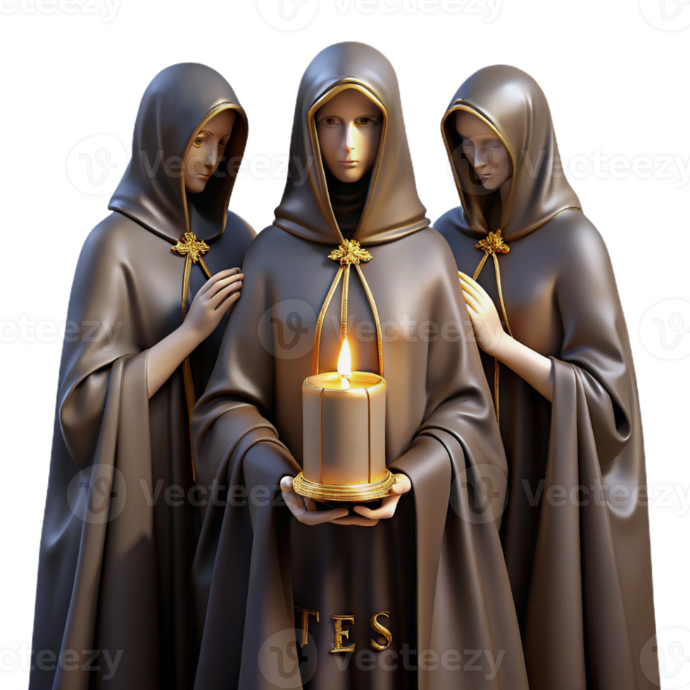 beautiful abstract The Fates weaving the threads of destiny, cloaked in shadows, their faces obscured, golden threads illuminated by a single, flickering candle, Baroque painting style high resolution png