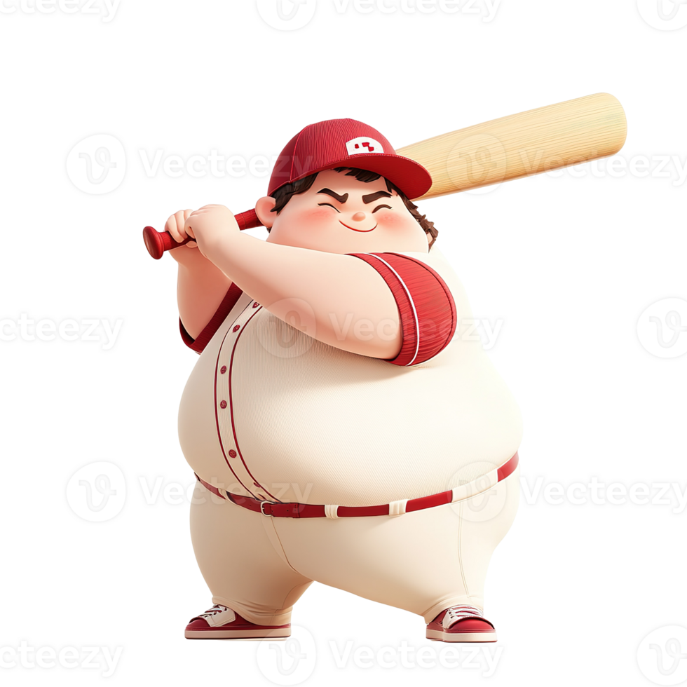 A cheerful cartoon baseball player ready to swing the wooden bat png