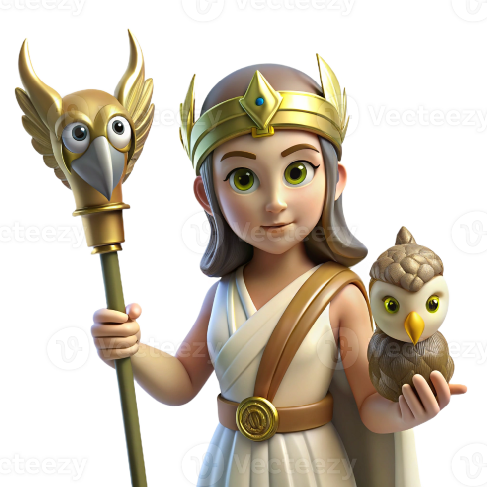 dramatic rustic A wise Athena, holding an owl and a spear, her helmet gleaming. Bright, clear lighting. Classical Greek style 4K png
