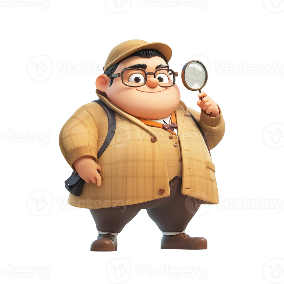 An animated detective character is holding a magnifying glass with a smile png