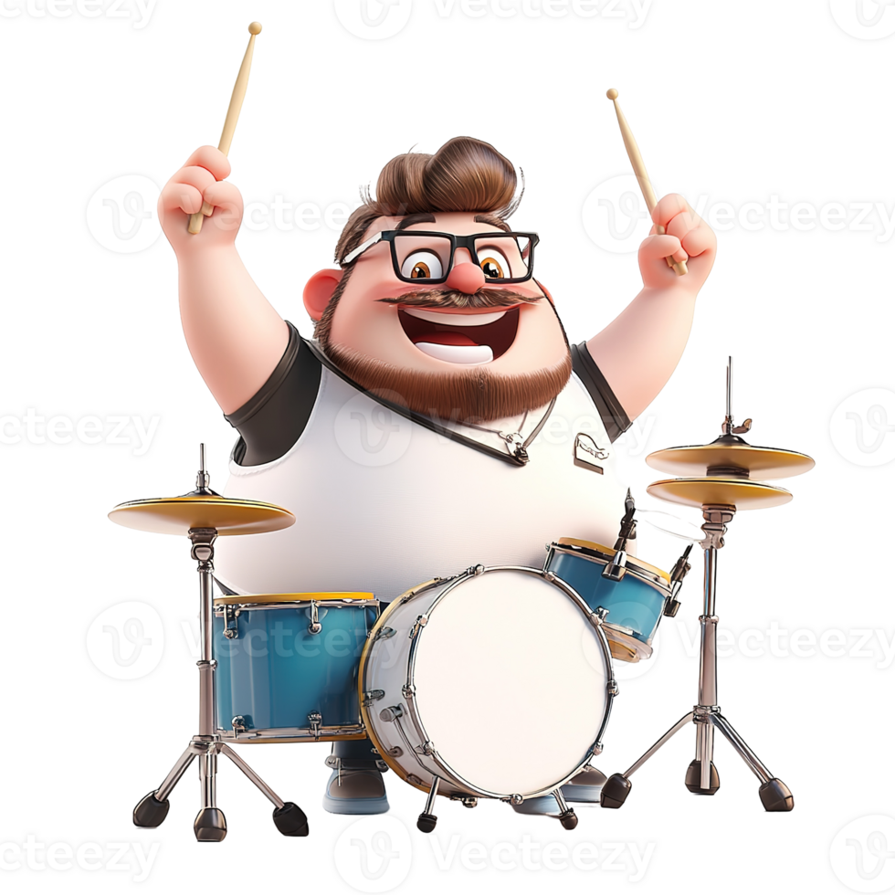 Cartoon drummer character playing music enthusiastically with drumsticks and drums png