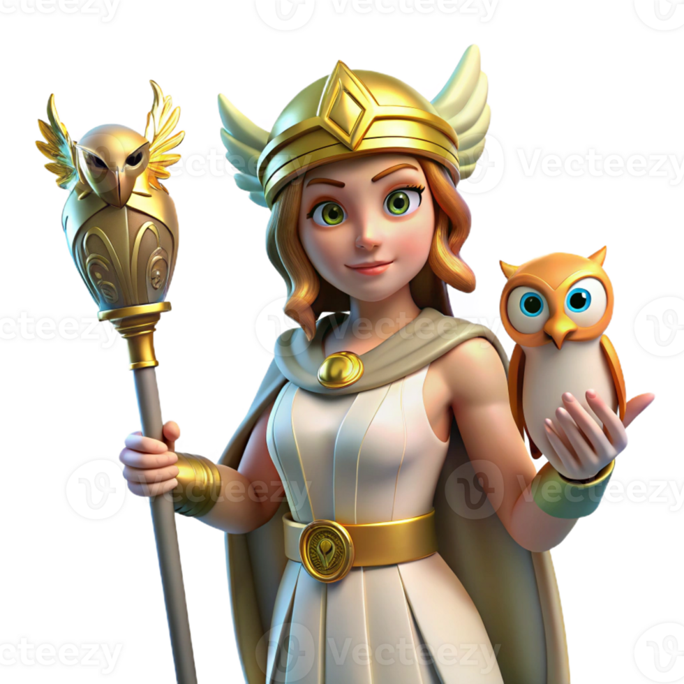 elegant modern A wise Athena, holding an owl and a spear, her helmet gleaming. Bright, clear lighting. Classical Greek style 4K png