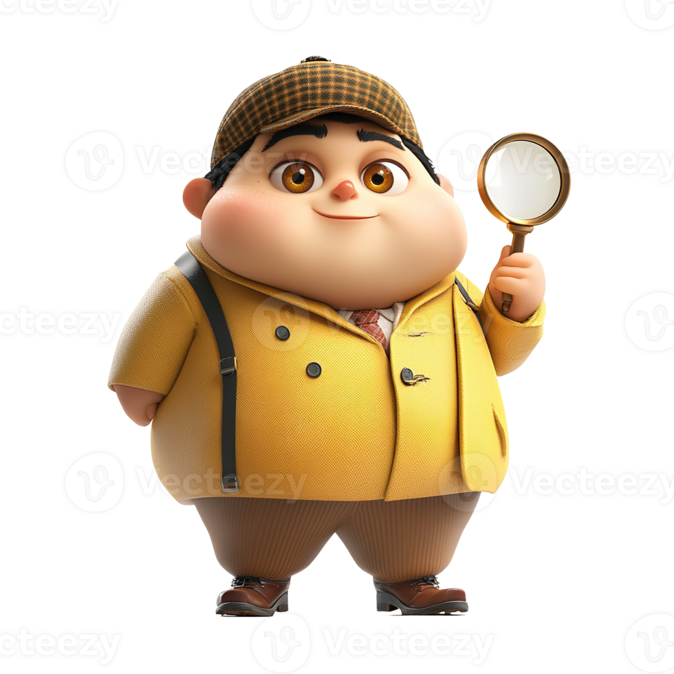 A cartoon detective holding a magnifying glass smiles at the viewer png
