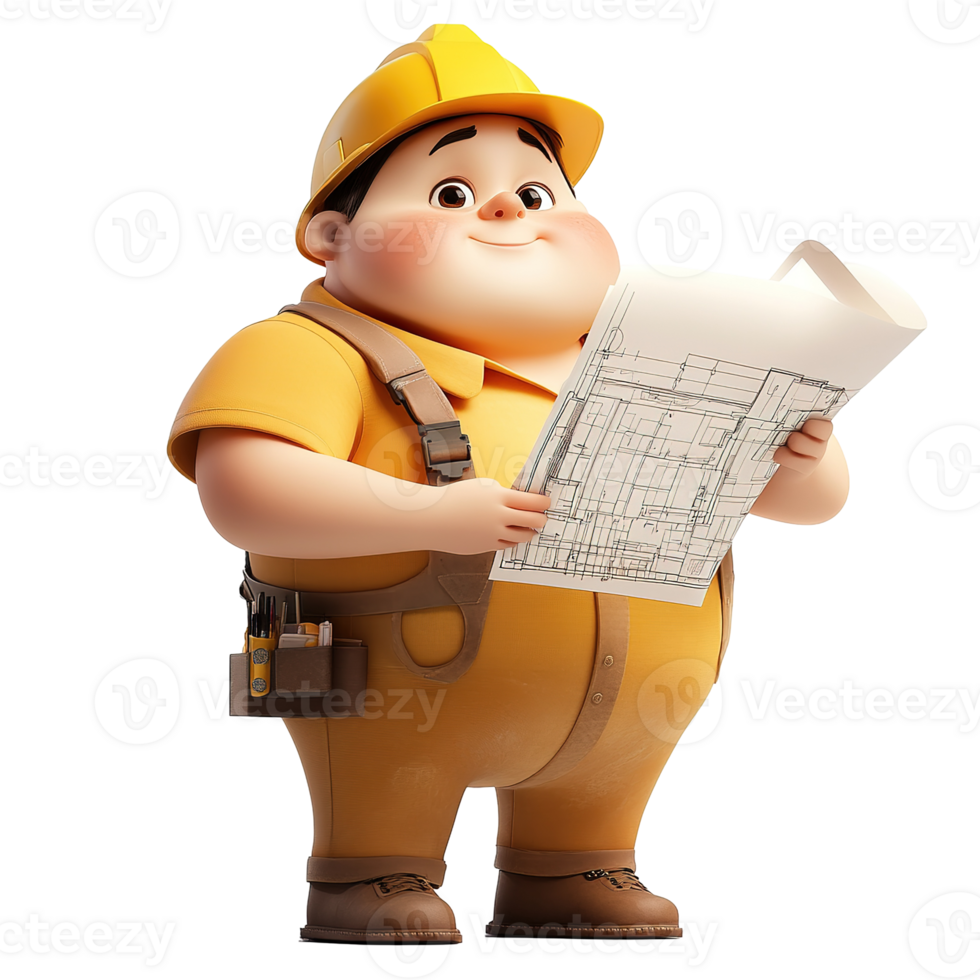 A cartoon construction worker studying construction plans intently png