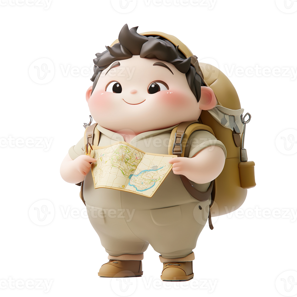 A friendly cartoon character holding a map and wearing a backpack png