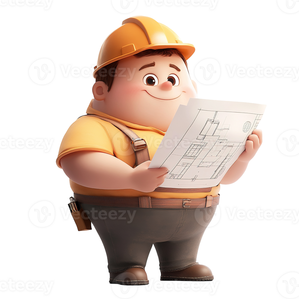 A cartoon construction worker happily inspecting building architectural blueprints png
