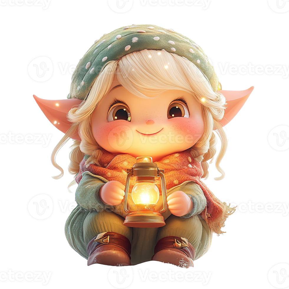 A friendly whimsical character with glowing lantern and elf ears png