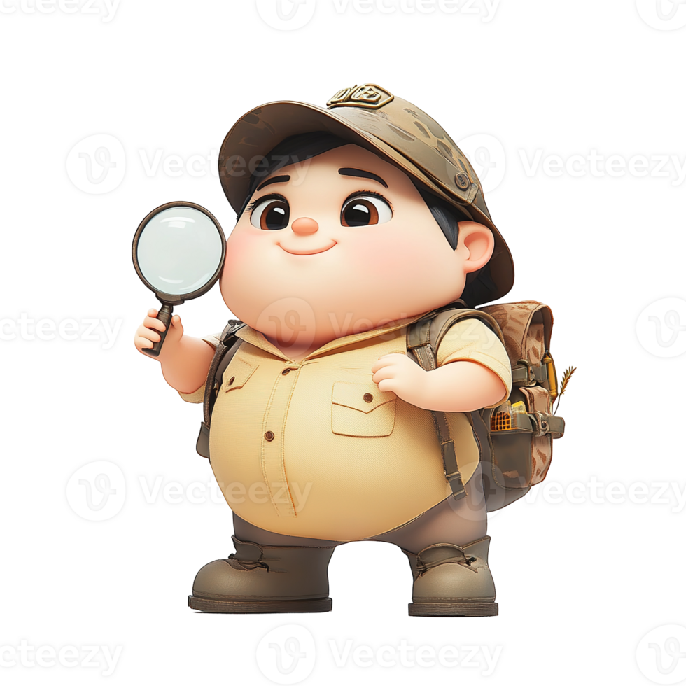 A smiling cartoon explorer holding a magnifying glass outdoors png