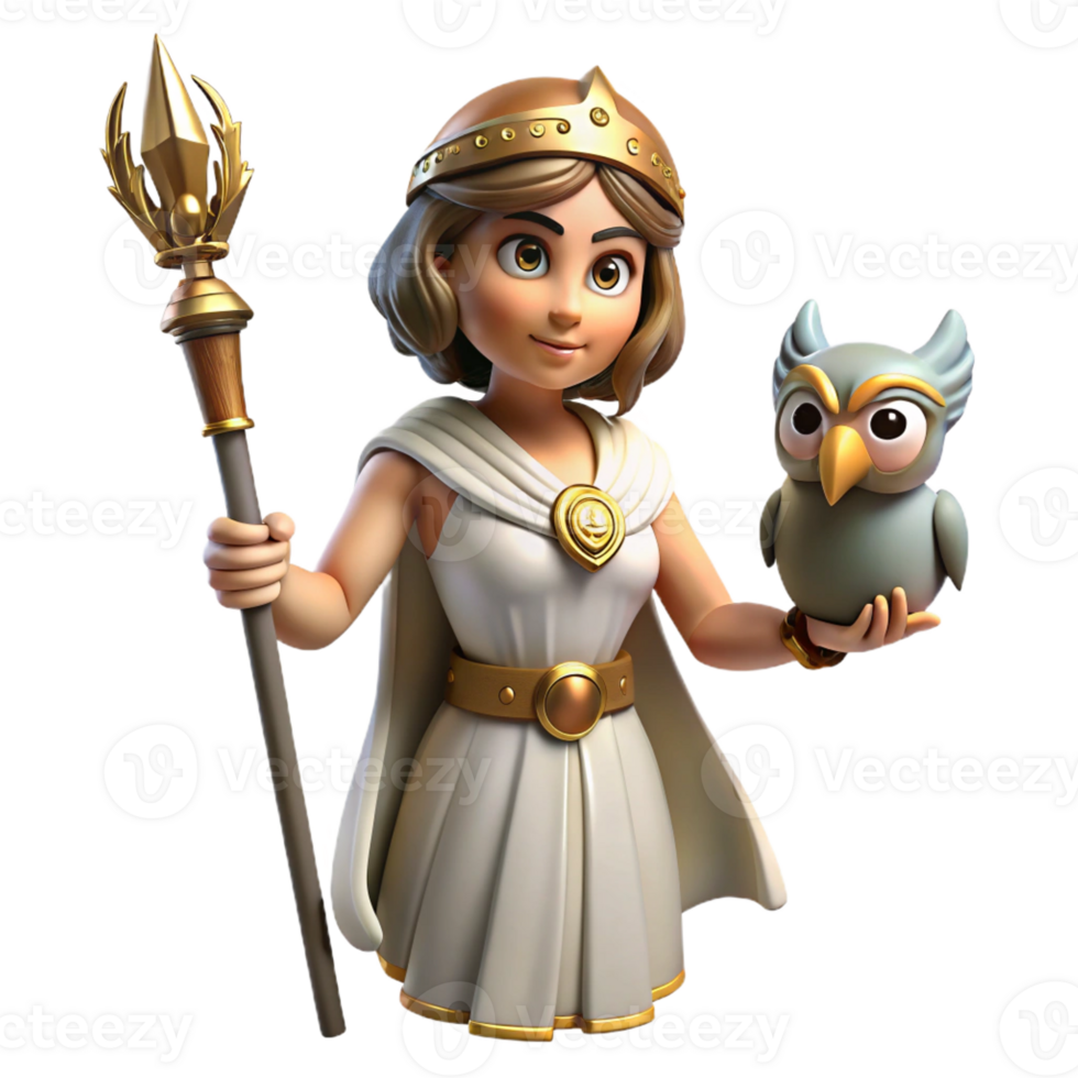 stunning traditional A wise Athena, holding an owl and a spear, her helmet gleaming. Bright, clear lighting. Classical Greek style premium png