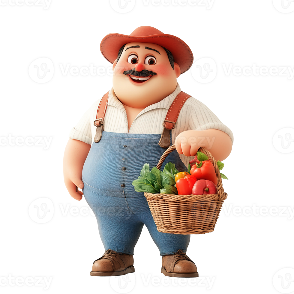Cheerful farmer carries a basket filled with fresh vegetables and fruits png