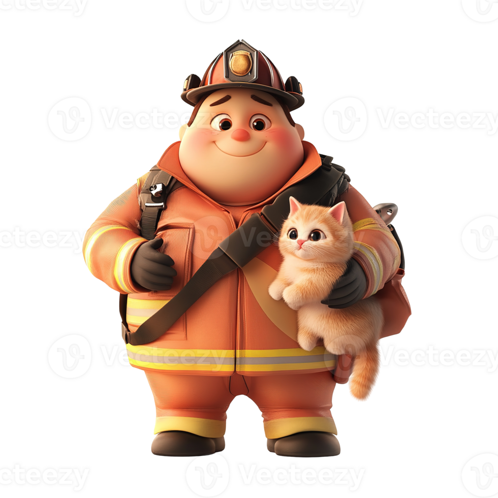 A friendly firefighter character holds a cute fluffy orange kitten png