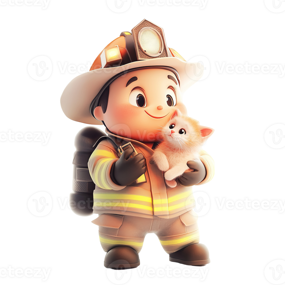A friendly firefighter holding a cute kitten in his arms png