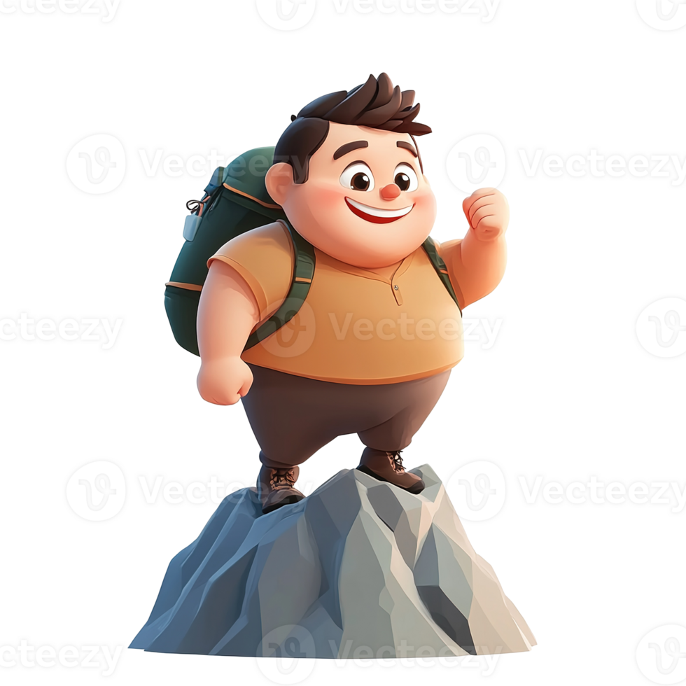 Cheerful cartoon character with backpack standing on rocky mountainside png