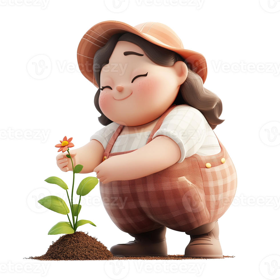Cheerful cartoon person gardening and looking at a flower png