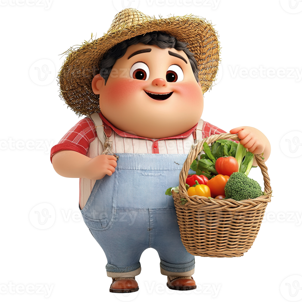 Cheerful cartoon farmer holding a woven basket of fresh vegetables png