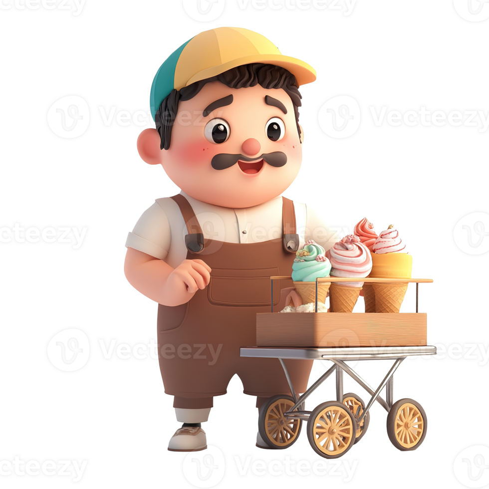 A happy cartoon ice cream vendor stands with treats on a cart png