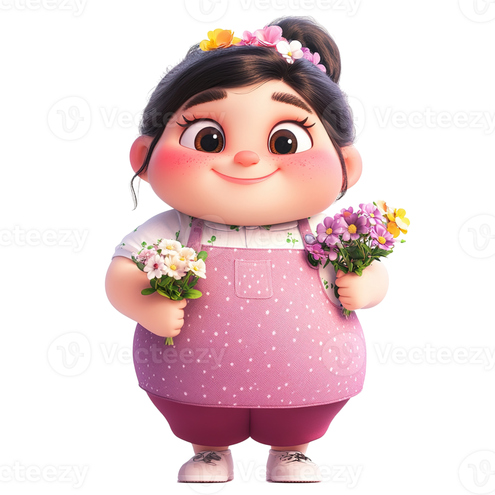 A smiling cartoon girl holds bouquets of colorful beautiful flowers png