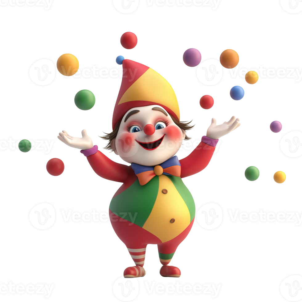 A smiling cartoon clown juggles colorful balls in the air png