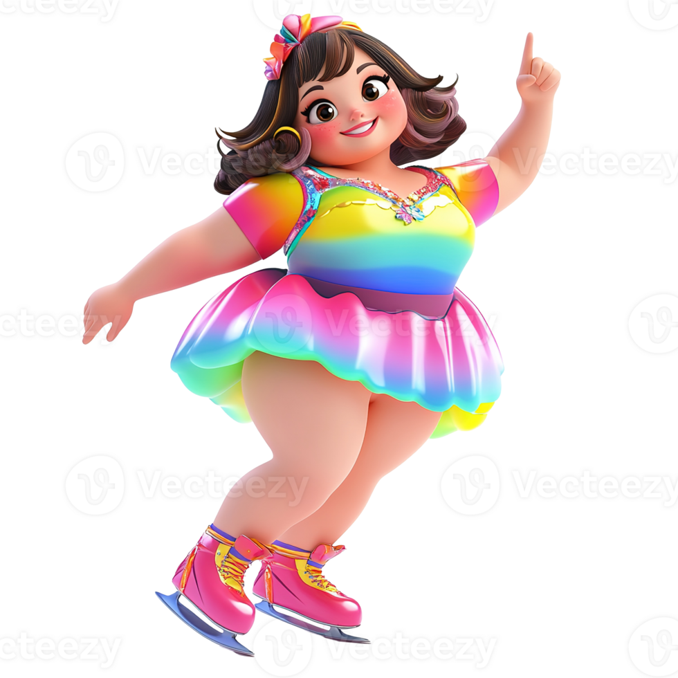 A happy cartoon figure skating and pointing in colorful attire png