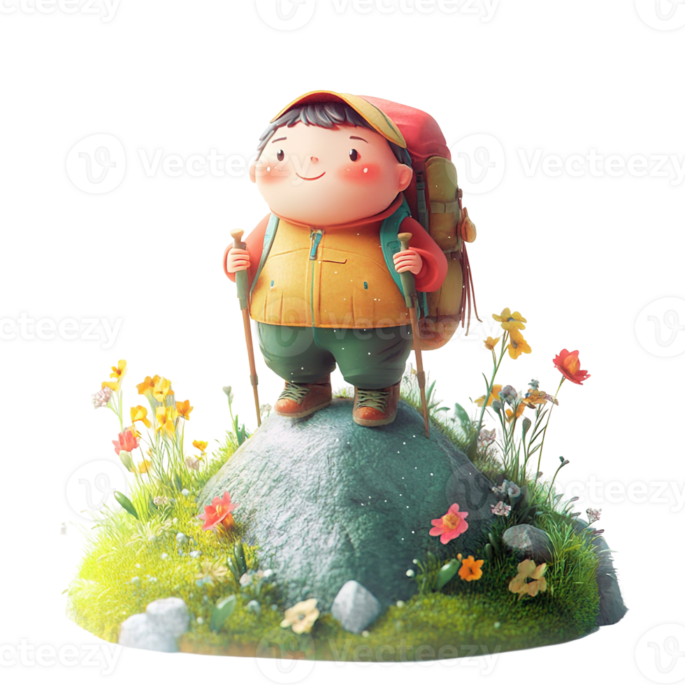 A cartoon character of a young hiker standing on a rock outside png