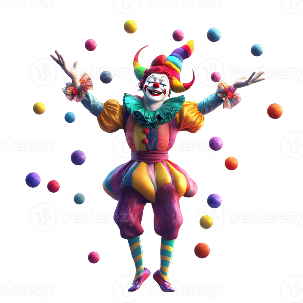 A colorful clown is joyfully juggling multiple balls in the air png