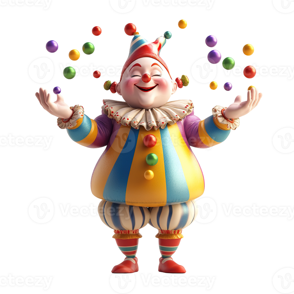 A cheerful clown in colorful attire juggles multiple spheres png