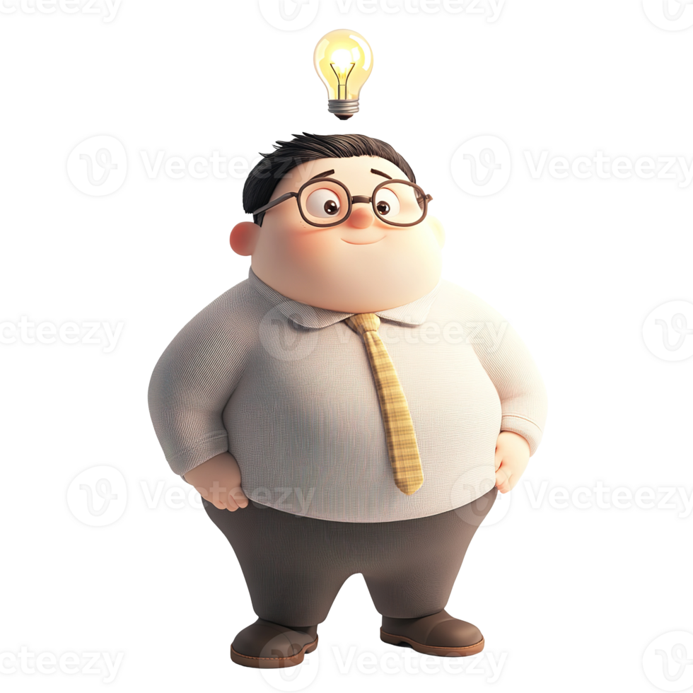 Cartoon man with eyeglasses and illuminated light bulb above head png