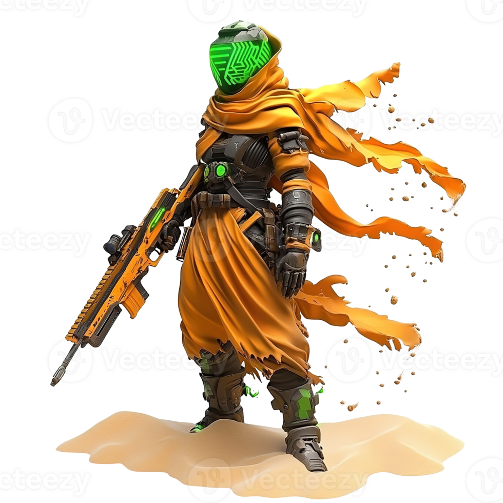 Futuristic warrior stands with a weapon on a sand dune setting png