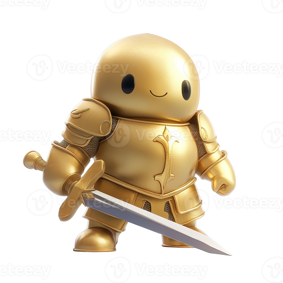 A smiling golden figure wearing knight armor and holding a sword png