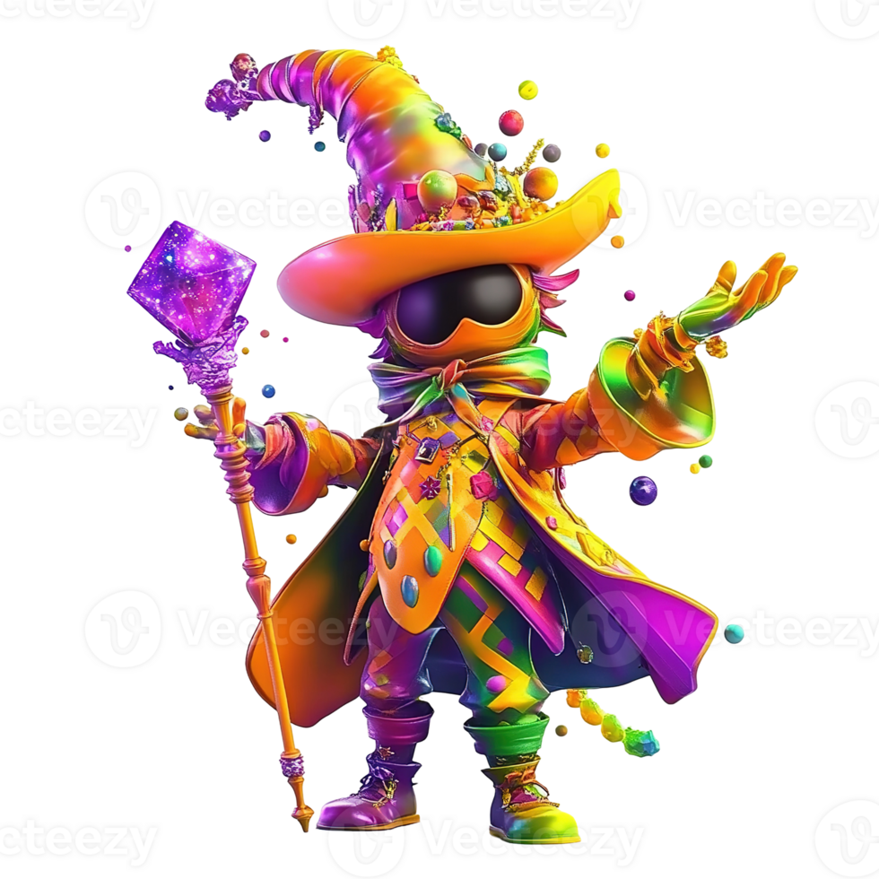 A vibrant and colorful figure stands with a glowing scepter png