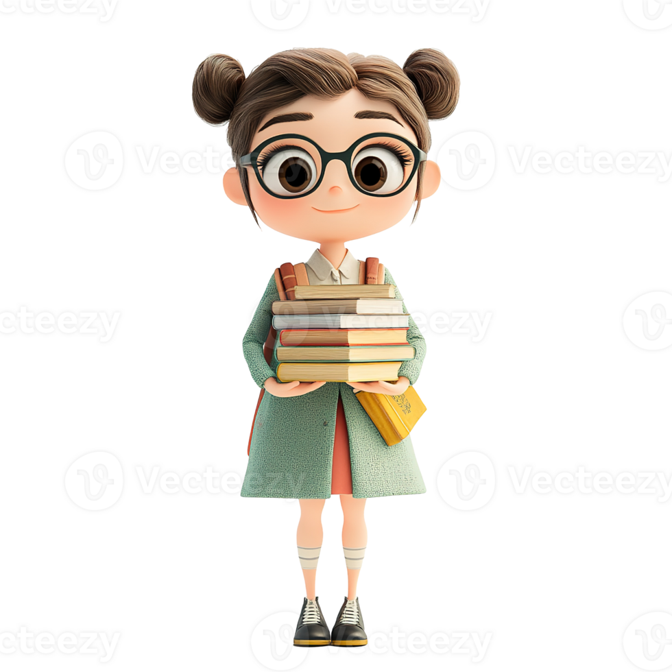 A young cartoon student holding a stack of colorful books png