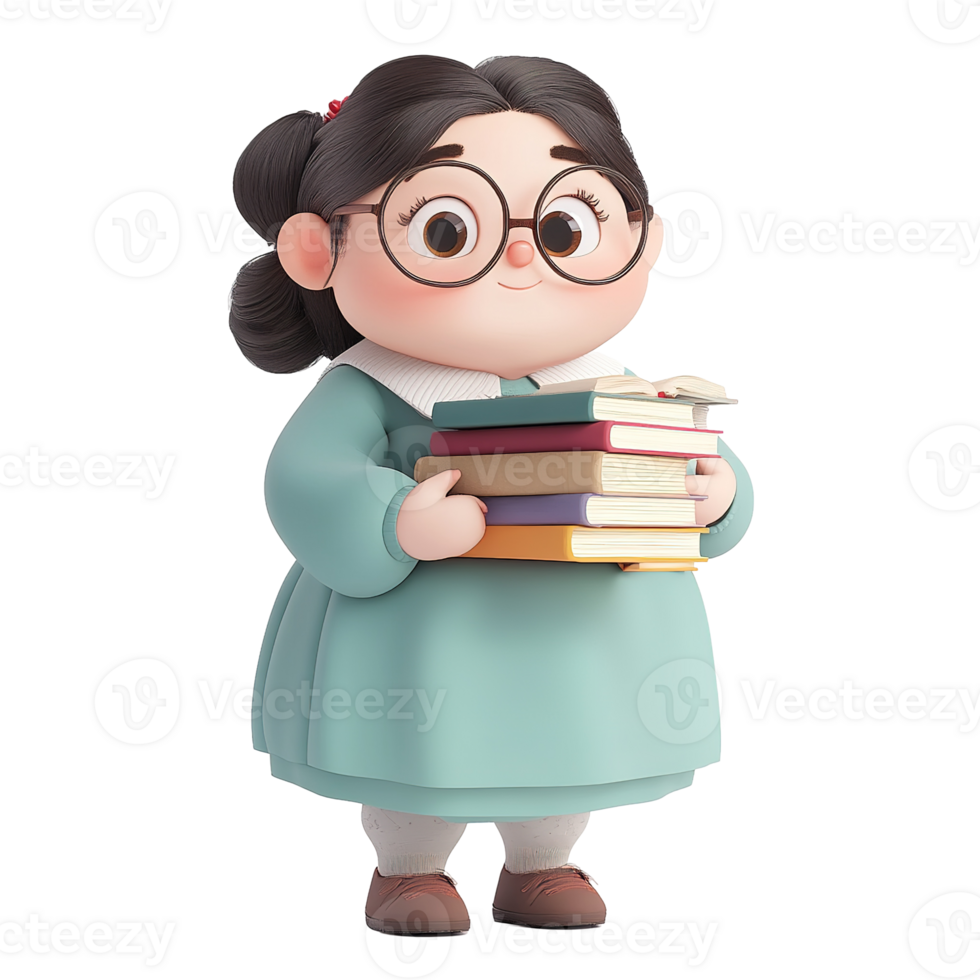 A cartoon girl happily holding a stack of books for reading png