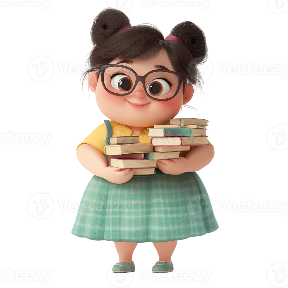 A smiling girl with glasses holding a stack of books png