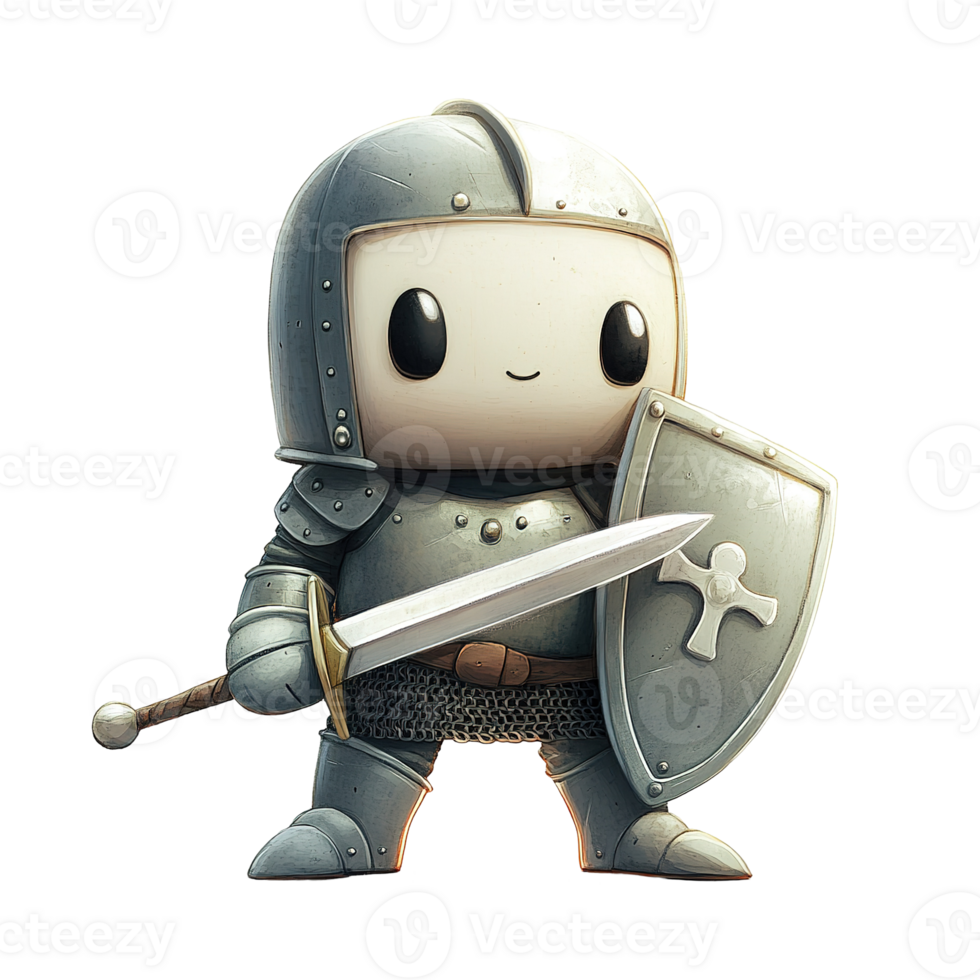 A smiling cartoon knight holding a sword and shield standing proud png