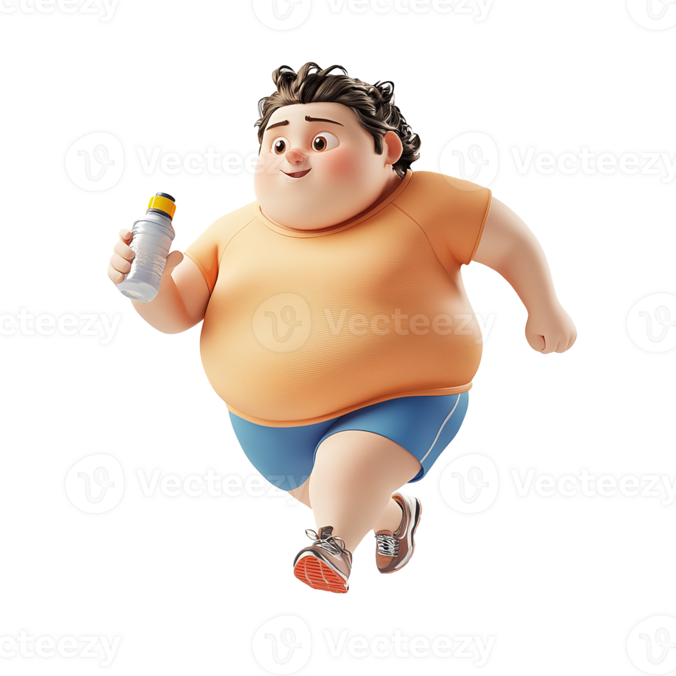 Animated overweight person runs while holding a water bottle png
