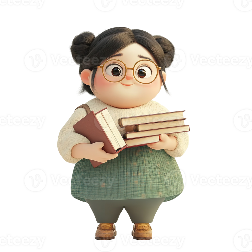 A cartoon character holding multiple books wearing glasses smiles png